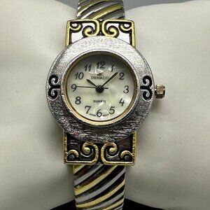 3/$30 Denacci Watch Women Silver Gold Two Tone Ribbed Hinged Cuff Band